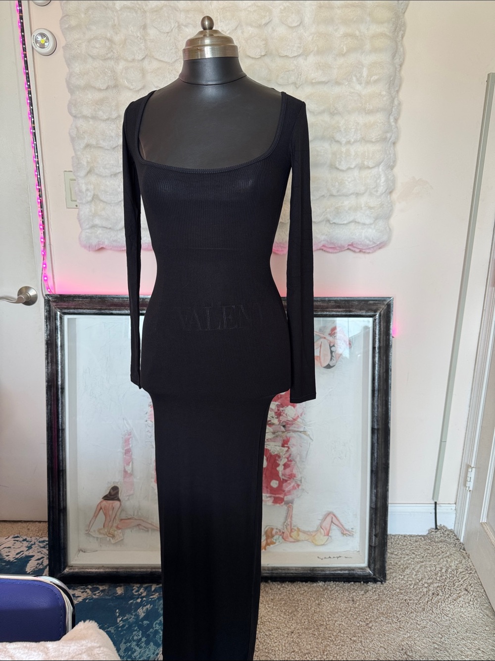 SKIMS Black Long Sleeve Ribbed Maxi Dress